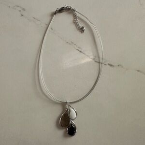 Silver Teardrop Trio Pendant Necklace with Black, White, and Taupe Stones
